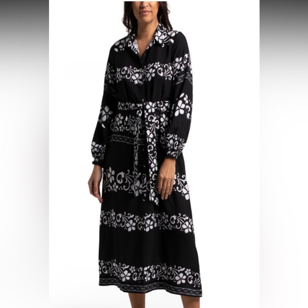 CELINA MOON Black & White Puff Sleeve Floral Tiered Midi Shirt Dress Size Large